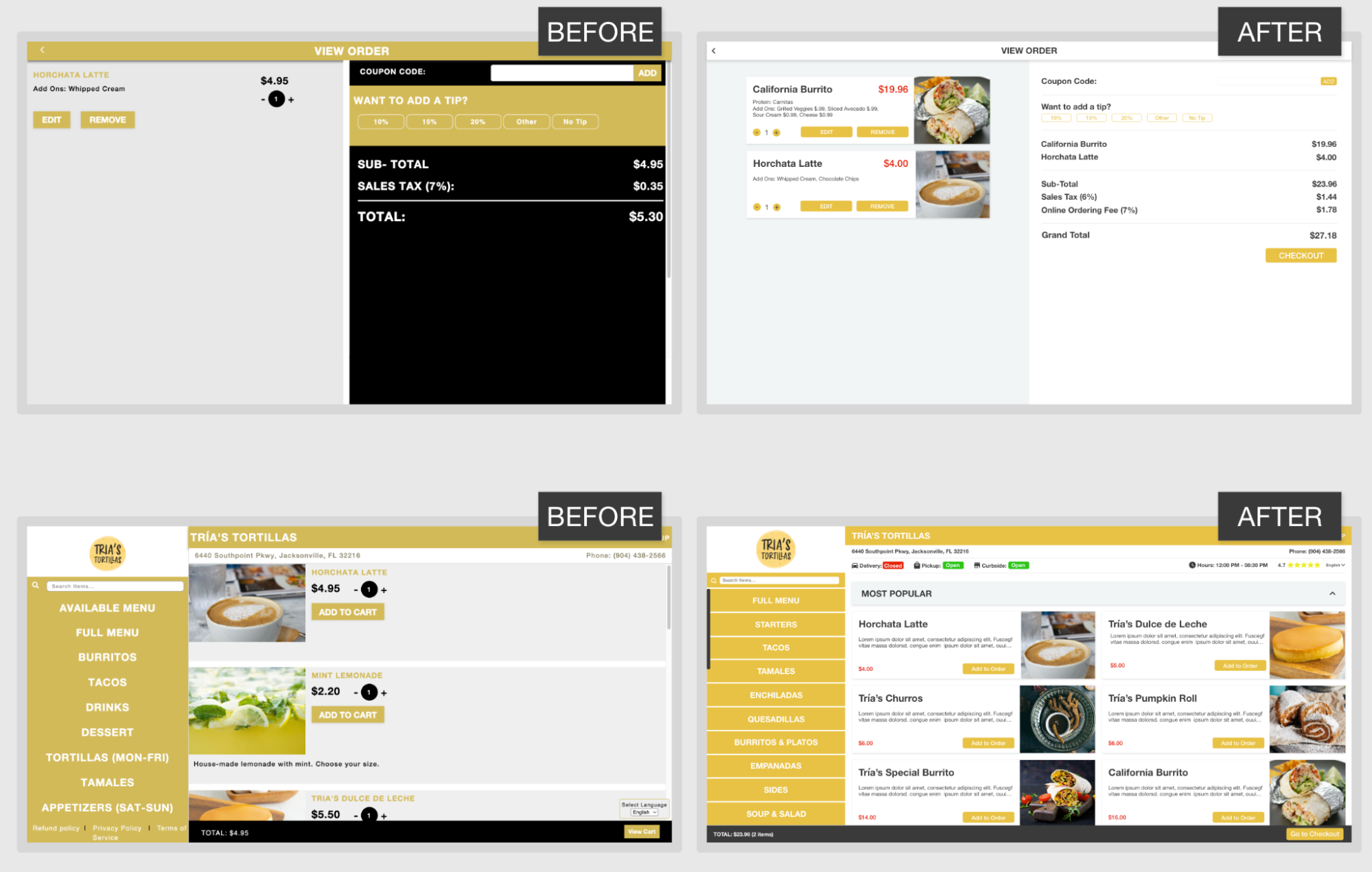 Checkout Screen and Menu UI Before and After